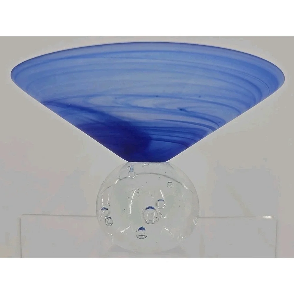 Satin blue Swirl Compote  Polished  Clear Glass Base W/ Bubbles 7